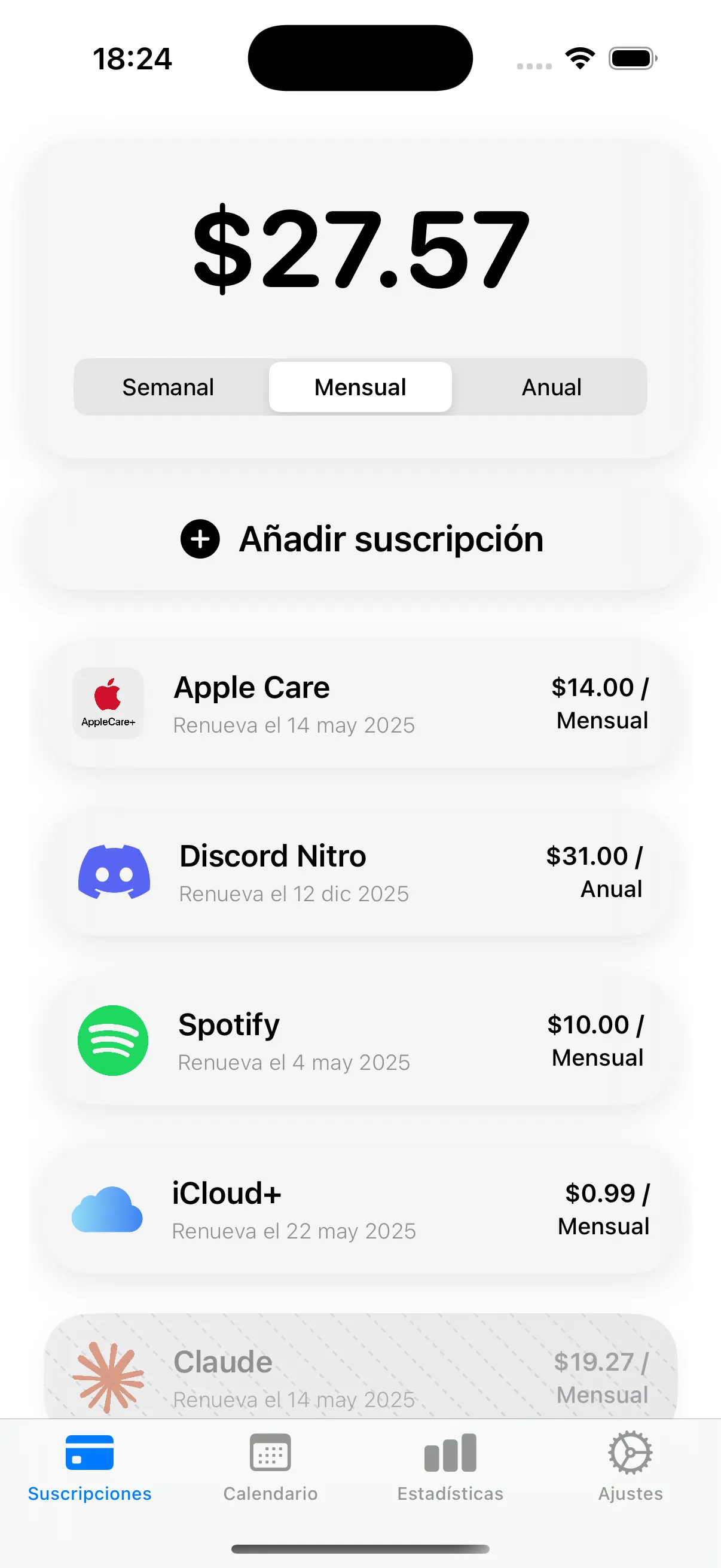 mySubs subscription list view screenshot